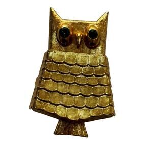 Vintage Avon Owl Perfume Brooch Locket Goldtone & green rhinestones